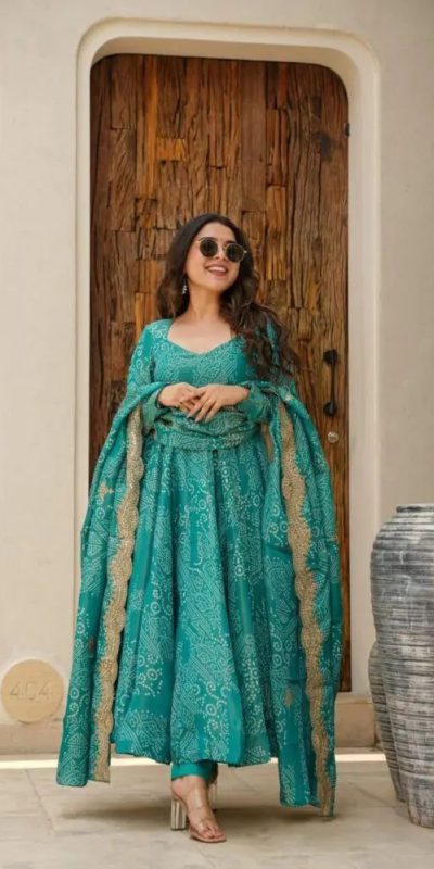 Aglow Green Color Two Tone Banarasi Silk Digital Printed Gown
