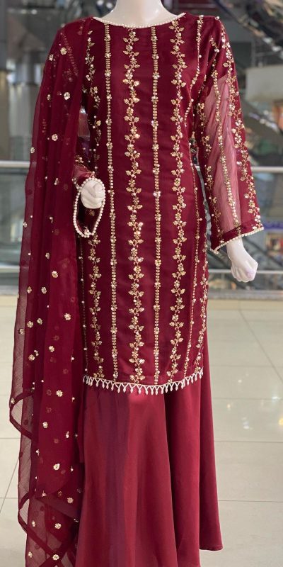 Aglow Maroon Color Georgette Sequence Embroidery Salwar Suit
