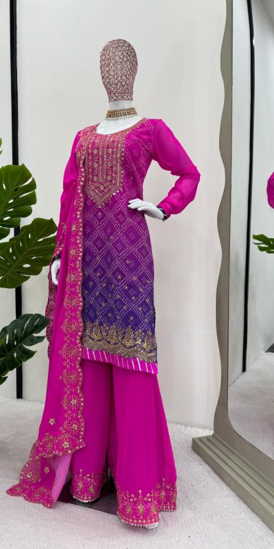 Aglow Pink Color Georgette Thread Sequence Salwar Suit