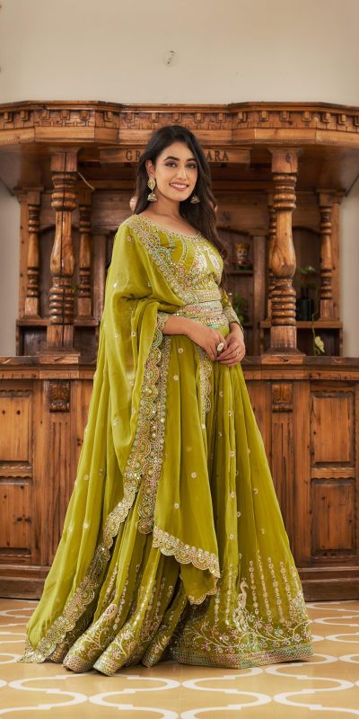Aglow Pista Color Georgette Multi Sequence Work Lehenga Choli