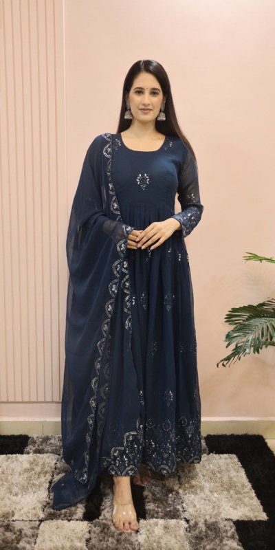 Aglow Royal Blue Color Sequence Embroidery Georgette Gown