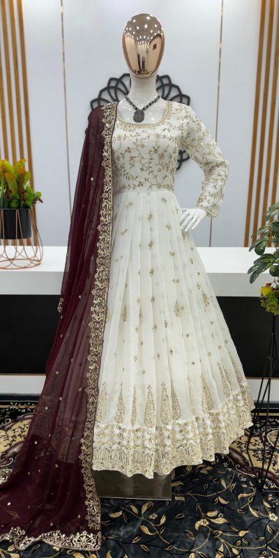Aglow White Color Georgette Embroidery Sequence Gown
