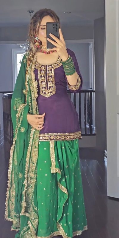 Artful Purple & Green Color Georgette Embroidery Salwar Suit