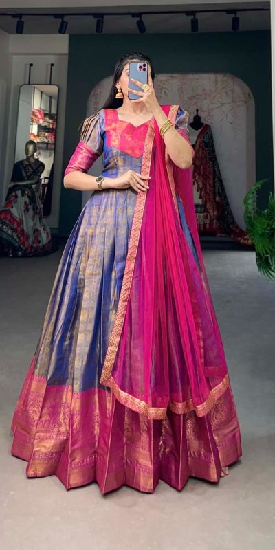 Attractive Blue Color Kanjivaram Zari Weaving Work Gown