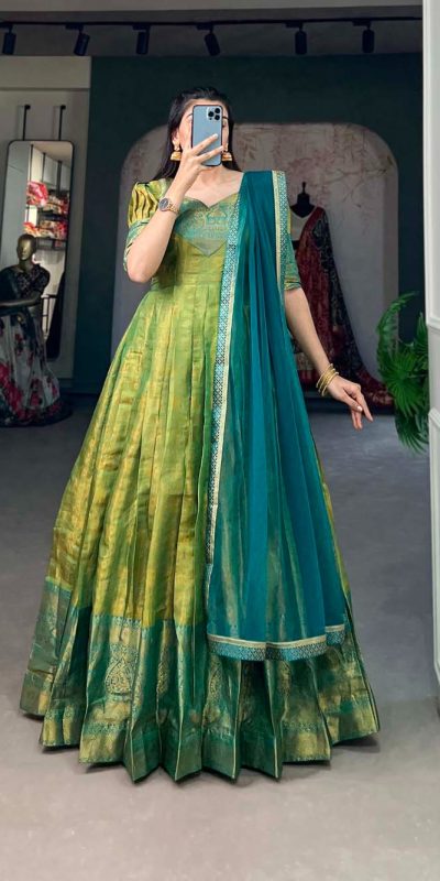 Attractive Parrot Green Color Kanjivaram Zari Weaving Work Gown