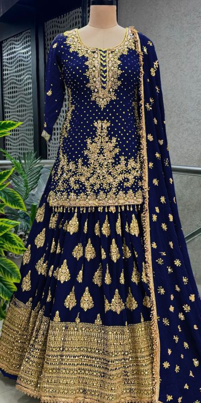 Captivating Navy Blue Chinnon Silk Embroidery Lehenga Choli