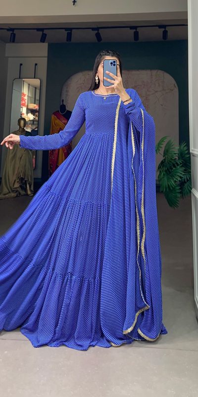 Classic Blue Color Georgette Printed Weaving Work Gown