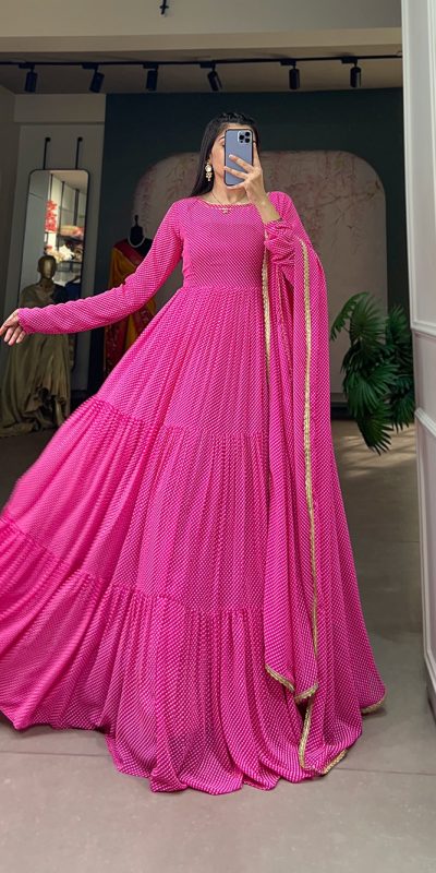Classic Pink Color Georgette Printed Weaving Work Gown