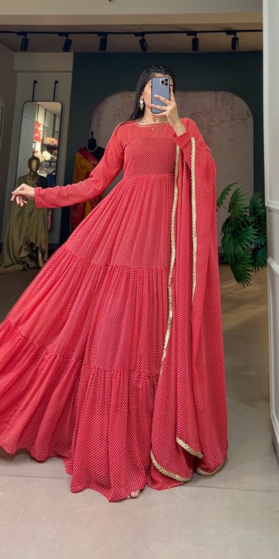 Classic Red Color Georgette Printed Weaving Work Gown