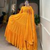 Classic Yellow Color Georgette Printed Weaving Work Gown