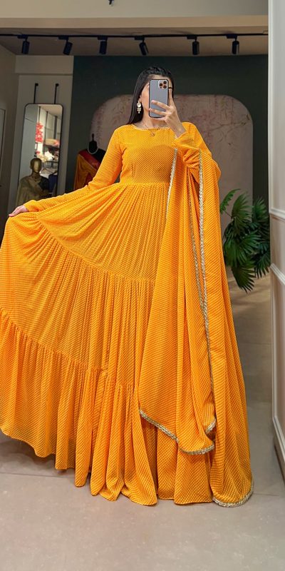 Classic Yellow Color Georgette Printed Weaving Work Gown