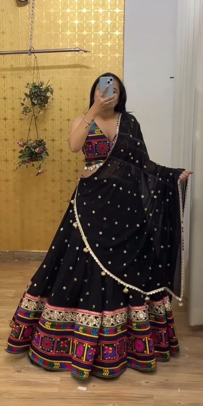 Cute Black Color Georgette Heavy Gamathi Work Lehenga Choli