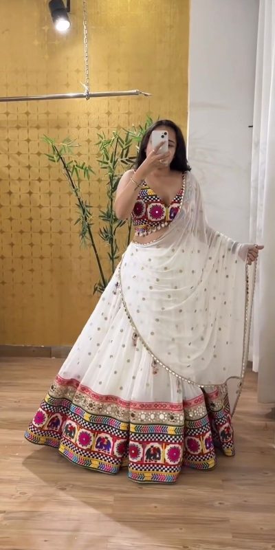 Cute White Color Georgette Heavy Gamathi Work Lehenga Choli