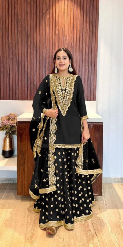 Dazzling Black Georgette Embroidery Mirror Work Salwar Suit