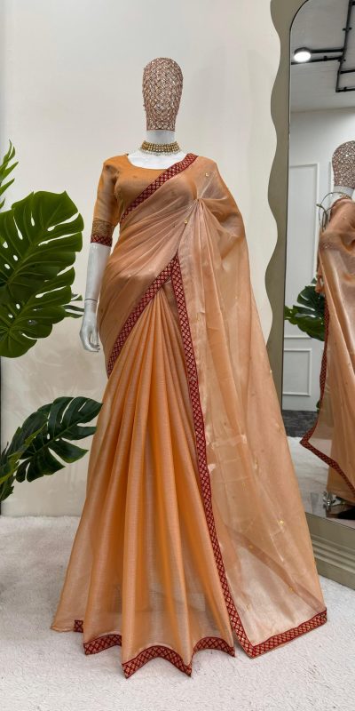 Dazzling Coral Color Burberry Silk Thread Sequence Saree