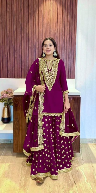 Dazzling Purple Georgette Embroidery Mirror Work Salwar Suit
