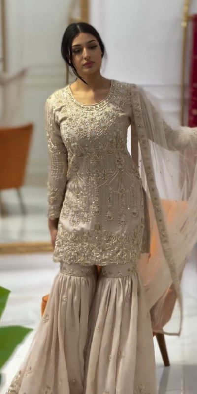Elegant Cream Color Georgette Embroidery Sharara Suit