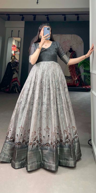 Elegant Grey Color Tussar Silk Printed Weaving Border Gown