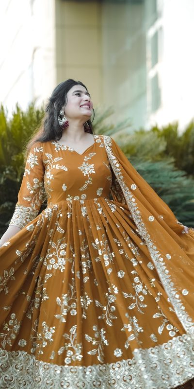 Elegant Mustard Georgette Embroidery Sequence Anarkali Suit