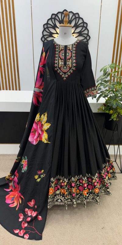 Fancy Black Color Chinon Silk Embroidery Sequence Gown