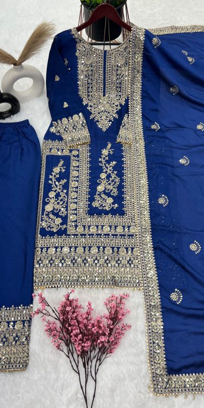 Fancy Blue Chinnon Silk Embroidery Coding Dori Salwar Suit