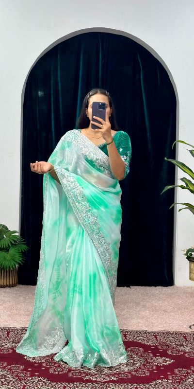 Fancy Blue Color Burberry Blooming Embroidery Zari Saree