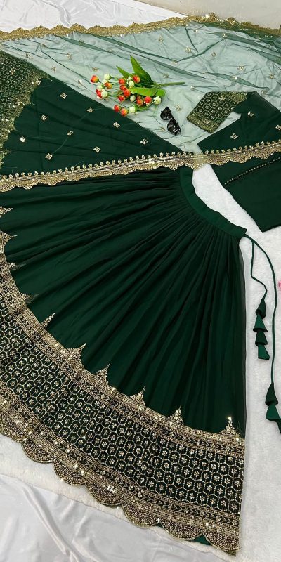 Fancy Dark Green Color Georgette Embroidery Lehenga Choli
