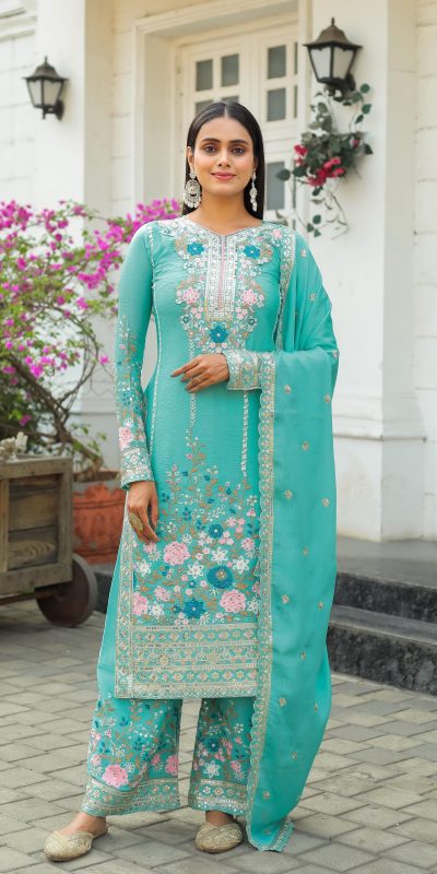 Fancy Firozi Color Chinon Silk Diamond Work Sharara Suit