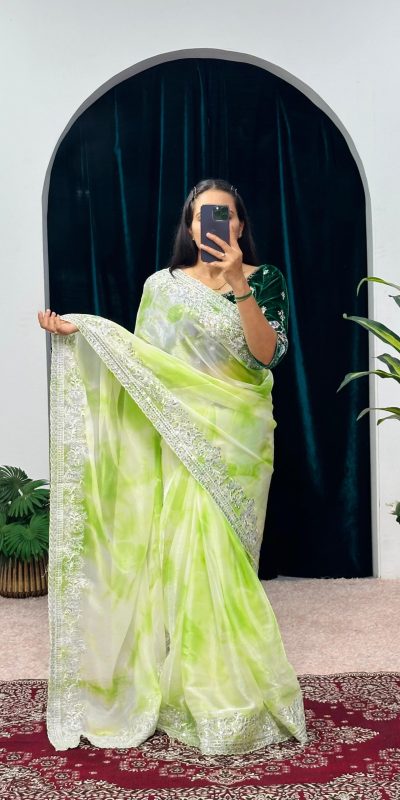 Fancy Green Color Burberry Blooming Zari Embroidery Saree