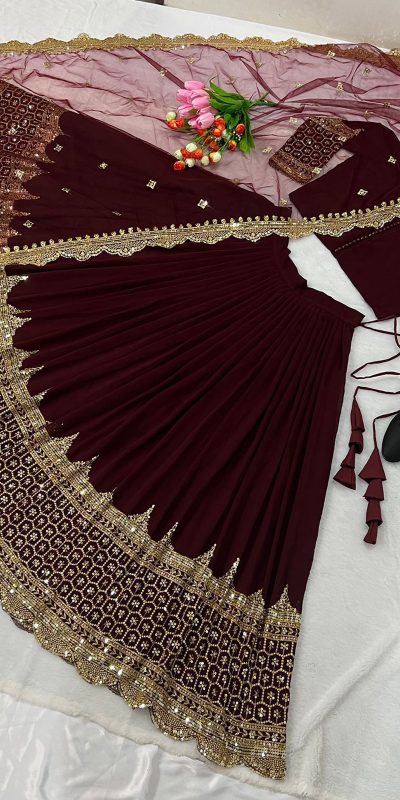 Fancy Maroon Color Georgette Embroidery Lehenga Choli
