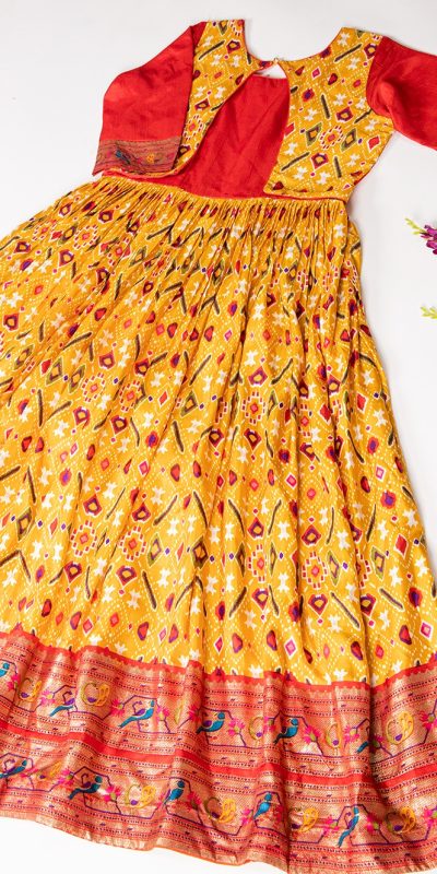 Fancy Mustard Color Dola Silk Patola Paithani Printed Gown