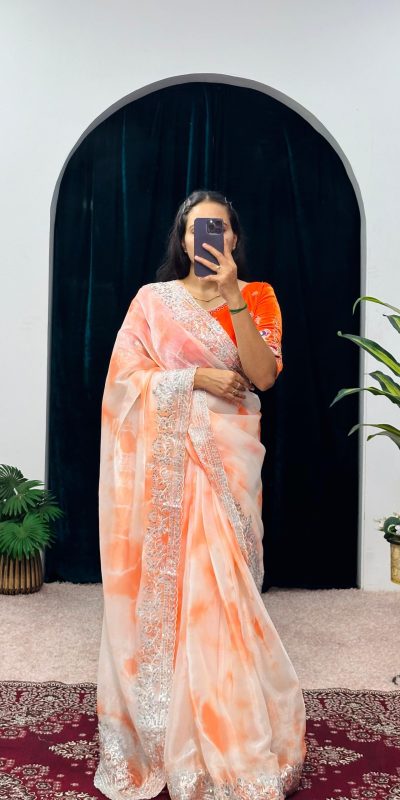 Fancy Orange Color Burberry Blooming Zari Embroidery Saree
