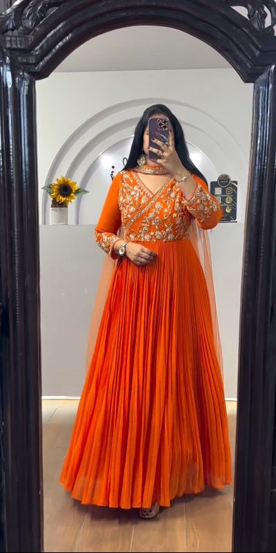 Fancy Orange Color Fox Georgette Embroidery Sequence Gown