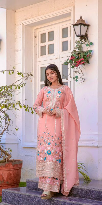 Fancy Peach Color Chinon Silk Diamond Work Sharara Suit