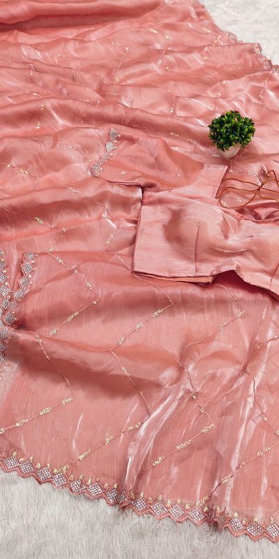 Fancy Peach Color Jimmy Cho Embellished Sequins Saree