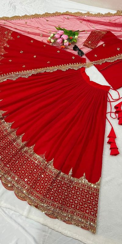 Fancy Red Color Faux Georgette Embroidery Lehenga Choli