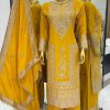 Fancy Yellow Chinnon Silk Embroidery Coding Dori Salwar Suit