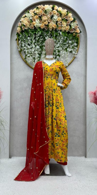Fancy Yellow Color Muslin Digital Printed Hand Work Salwar Suit