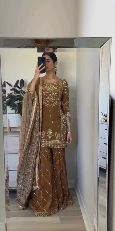 Fine Brown Color Chinnon Silk Embroidery Sequence Salwar Suit