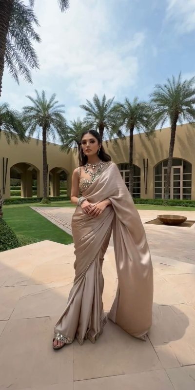 Fine Golden Color Japan Satin Silk Thread Real Mirror Saree