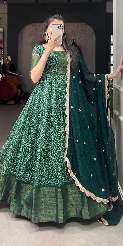 Fine Green Color Soft Chanderi Printed Weaving Work Gown