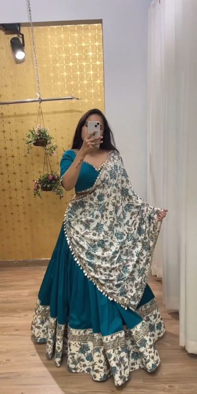 Fine Peacock Blue Color Pure Cotton Sequence Lehenga Choli