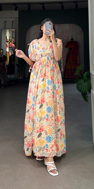Glamorous Mustard Color Georgette Floral printed Gown