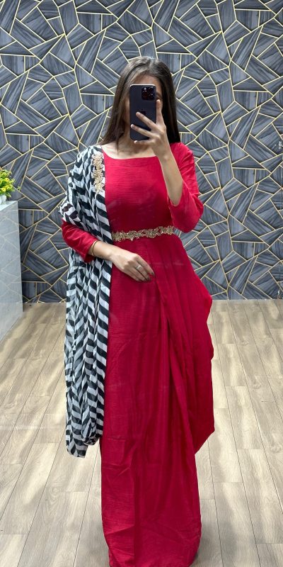 Glamorous Pink Chinon Plan Gown Dupatta Digital Print Gown