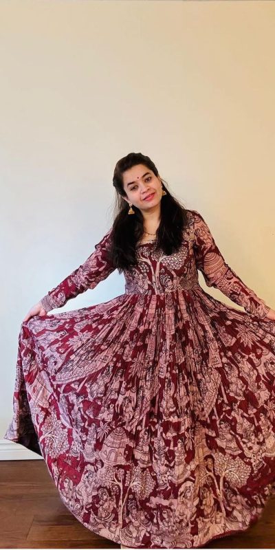 Glamorous Red Color Chant Crepe Kalamkari printed Work Gown
