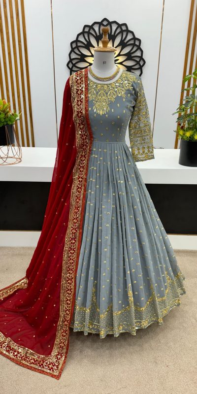 Luminous Cement Color Georgette Embroidery Sequence Gown