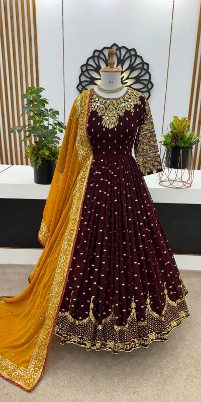 Luminous Maroon Color Georgette Embroidery Sequence Gown