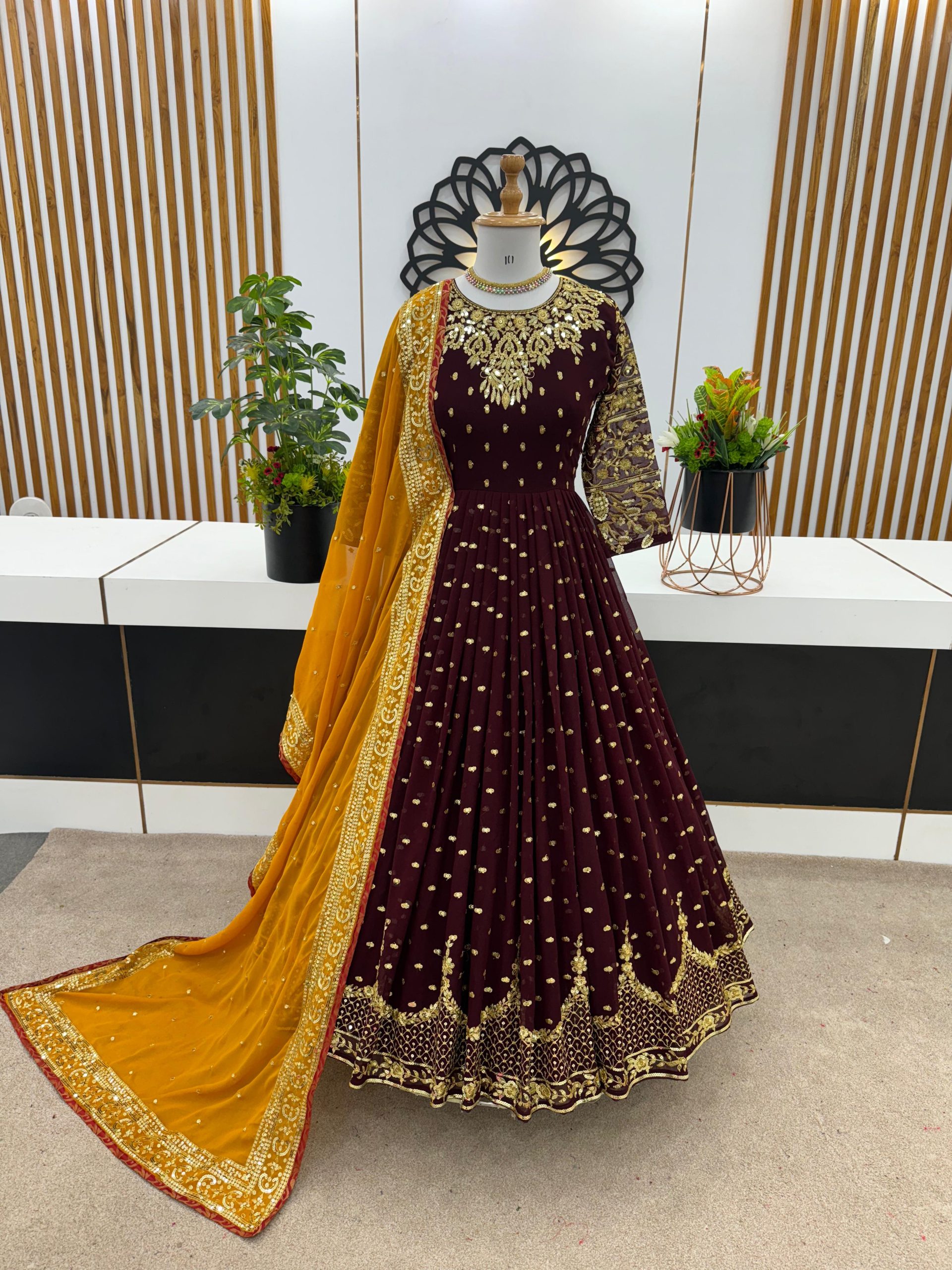 Luminous Maroon Color Georgette Embroidery Sequence Gown