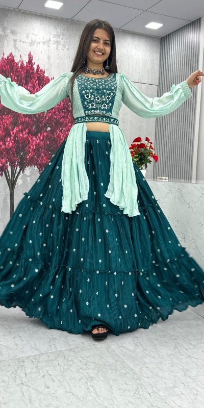 Mesmerizing Green Color Chinon Real Handwork Lehenga Choli