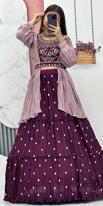 Mesmerizing Purple Color Chinon Real Handwork Lehenga Choli